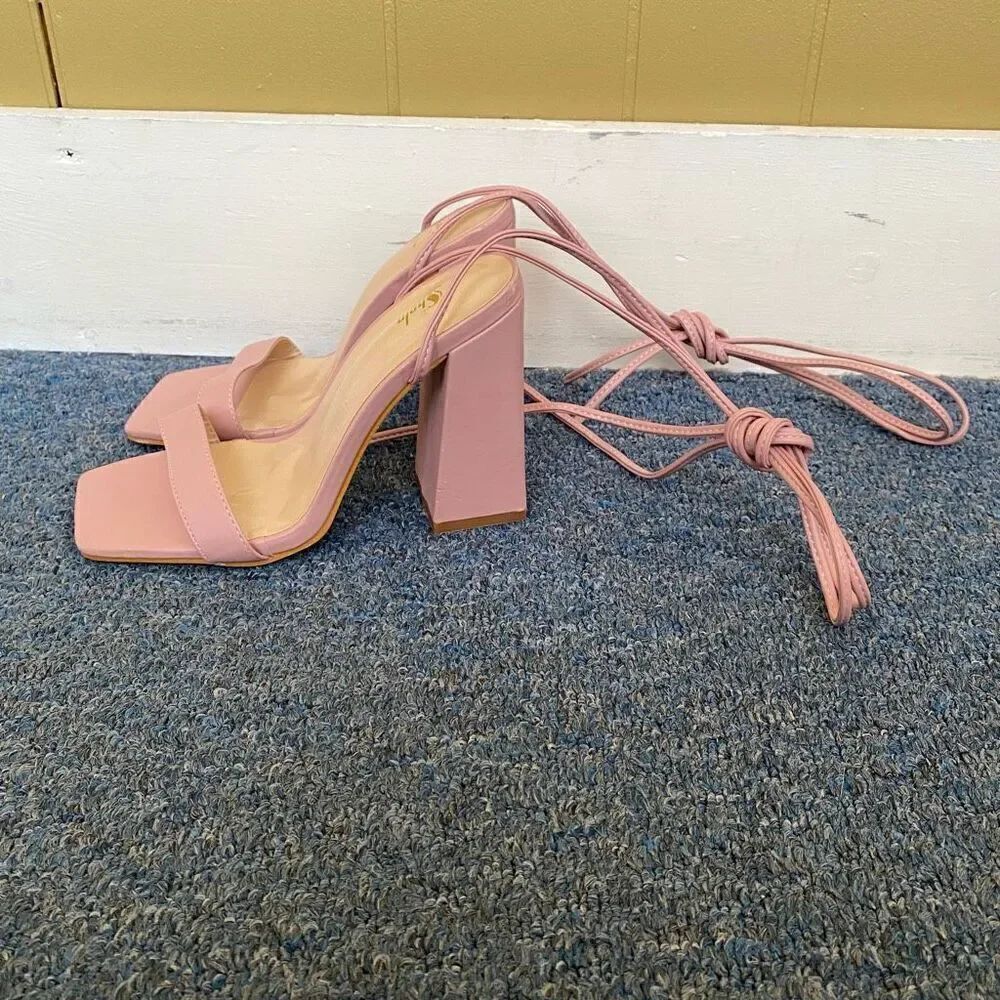SHEIN women 7 open toe pink 4” block heels with ankle tie strap brand new